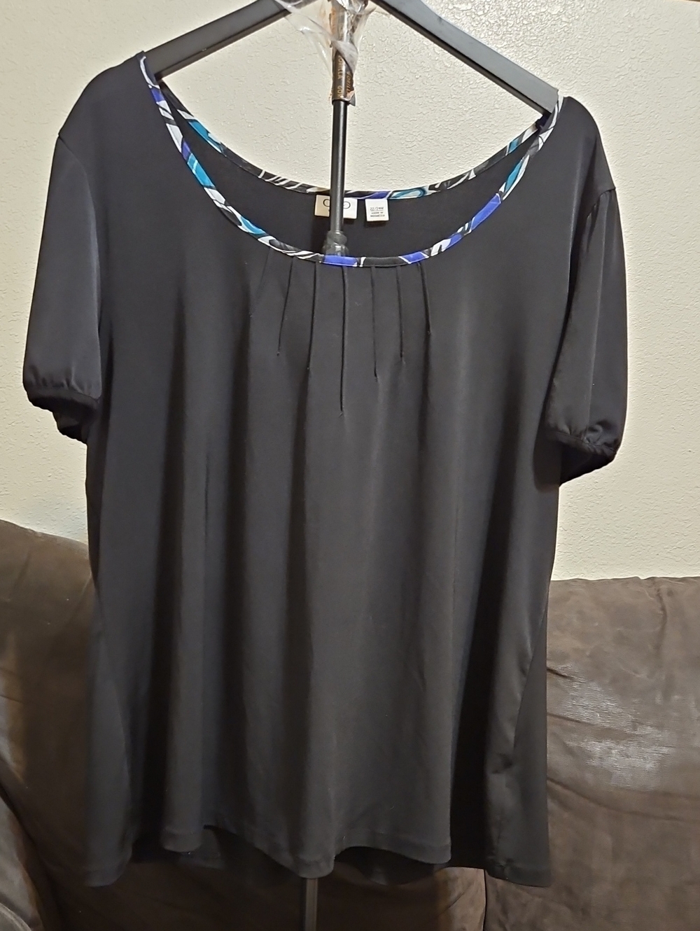 Cato Black Short Sleeve Scoop Neck Top with Blue Accent Trim